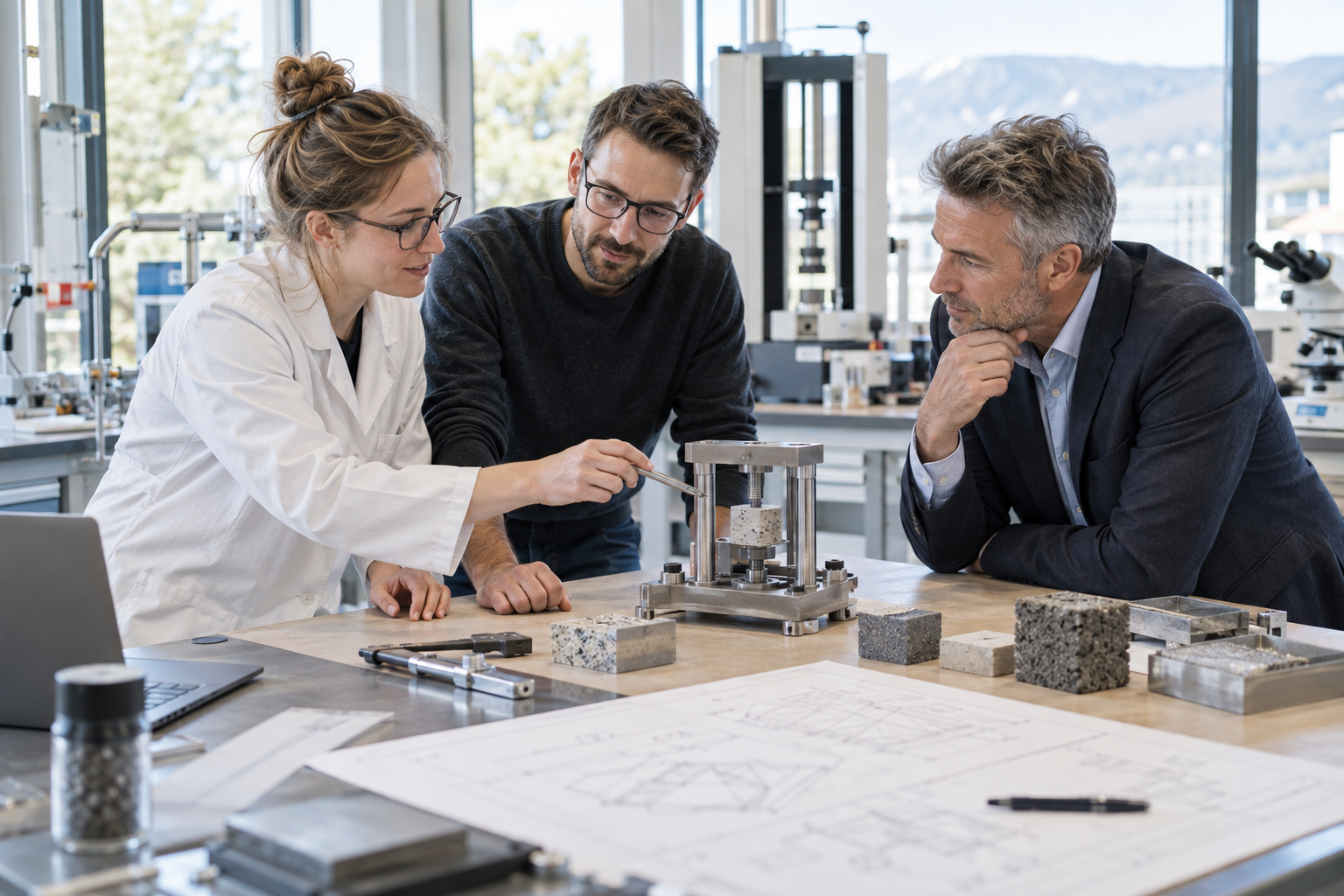 Drei Personen besprechen Materialproben und einen Prüfaufbau in einer Forschungswerkstatt